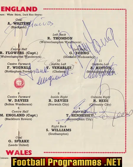 England v Wales 1964 - Multi Autographed SIGNED