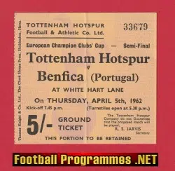 Tottenham Hotspur v Benfica 1962 - European Cup Match Ticket