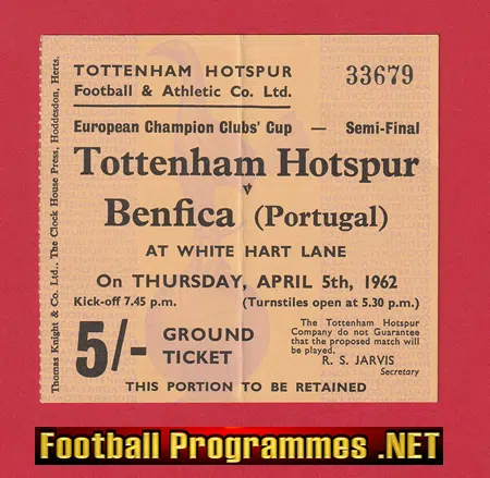 Tottenham Hotspur v Benfica 1962 - European Cup Match Ticket