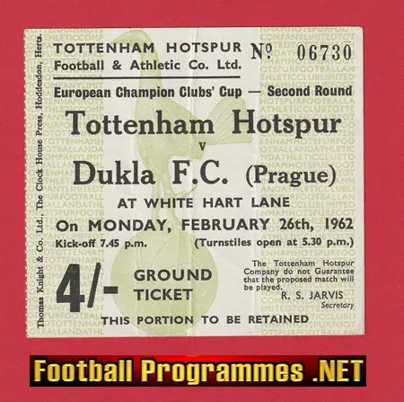 Tottenham Hotspur v Dukla 1962 - European Cup Match Ticket