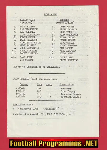 Harlow Town v Enfield 1981 - Pre Season Friendly