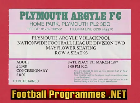 Plymouth Argyle v Blackpool 1997 - Match Ticket