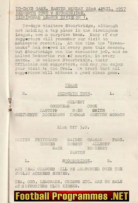 Bedworth Town v Stourbridge 1957