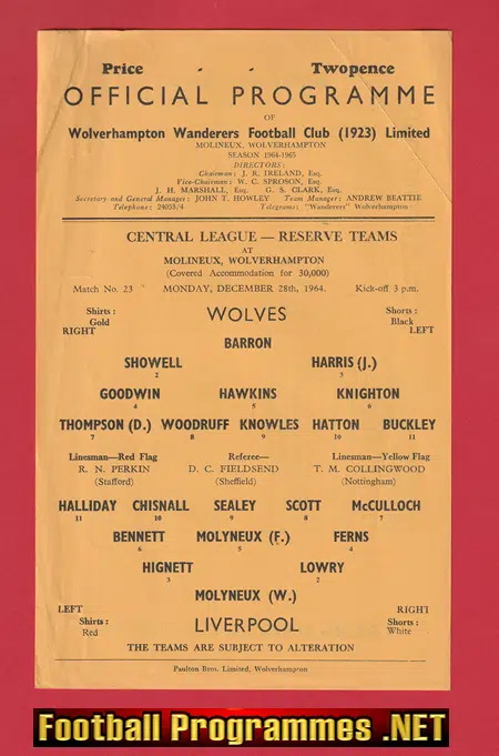 Wolves Woverhampton v Liverpool 1964 - Reserves Match Molineux