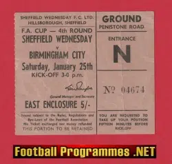 Sheffield Wednesday v Birmingham City 1969 - FA Cup Ticket