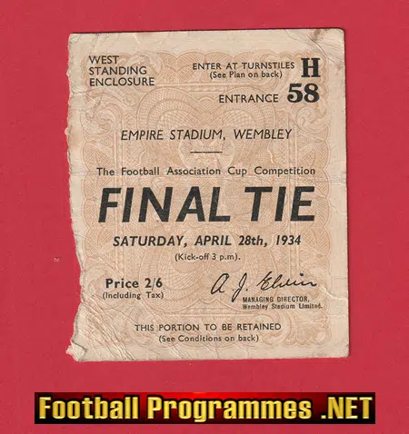 Manchester City v Portsmouth 1934 – FA Cup Final Ticket Genuine