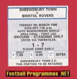 Shrewsbury Town v Bristol Rovers 1996 - Cup Final Ticket