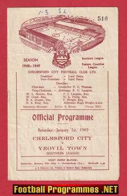 Chelmsford City v Yeovil Town 1949 – 1940’s Programmes