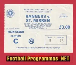 Glasgow Rangers v St Mirren 1987 - Ticket at Ibrox