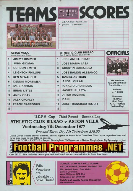 Aston Villa v Athletic Bilbao 1977