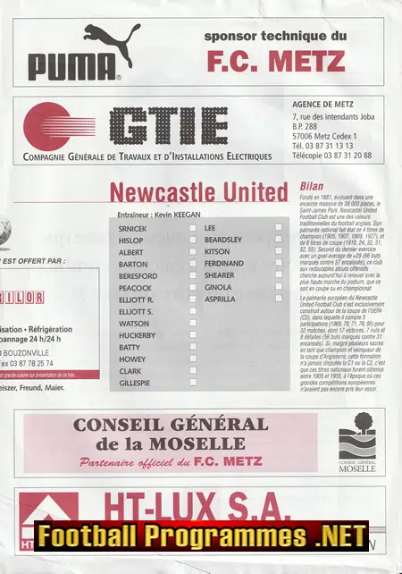 Metz v Newcastle United 1996 - UEFA Cup - France