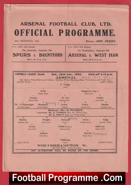 Arsenal v Wolves 1945 – 1940’s Programme
