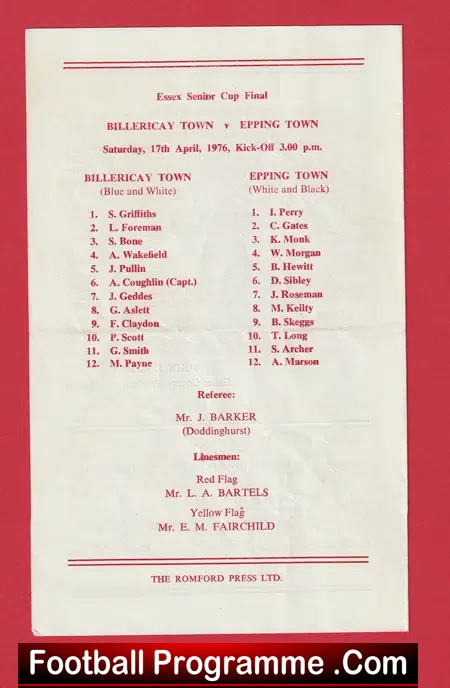Billericay Town v Epping Town 1976 - Essex Senior Cup Final