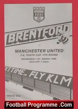 Brentford v Manchester United 1989 - FA Youth Cup + Lee Sharpe - football programme