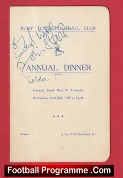 Bury Town Annual Dinner Menu 1949 - Fully Autographed SIGNED - football memorabilia