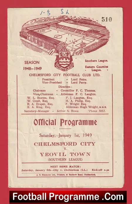 Chelmsford City v Yeovil Town 1949 – 1940’s Programmes