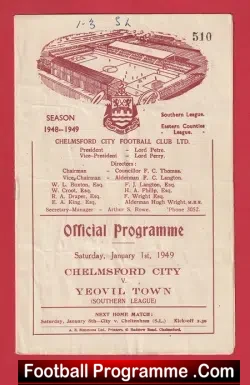 Chelmsford City v Yeovil Town 1949 – 1940’s Programmes