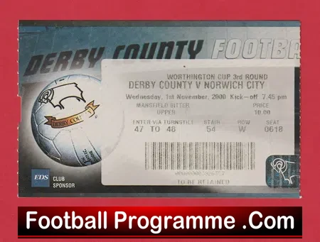 Derby County v Norwich City 2000 – Match Ticket League Cup
