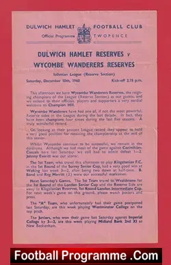 Dulwich Hamlet v Wycombe Wanderers 1960 - Reserves Match - football programme