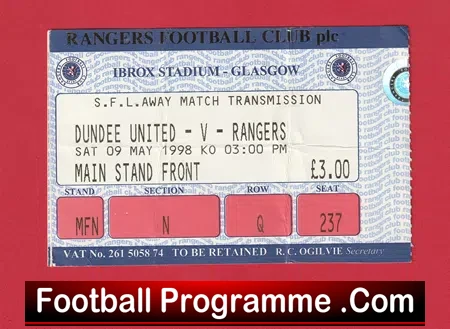 Dundee United v Glasgow Rangers 1998 – Beam Back Match Ticket