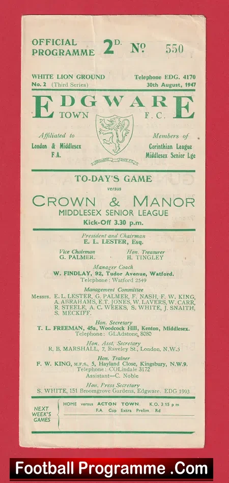 Edgeware Town v Crown Manor 1947 – 1940s Memorabilia