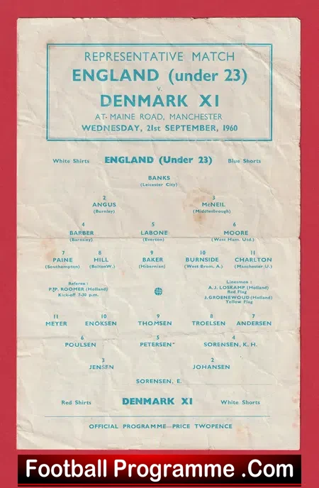 England v Denmark 1960 - Representative Match Bobby Moore Debut