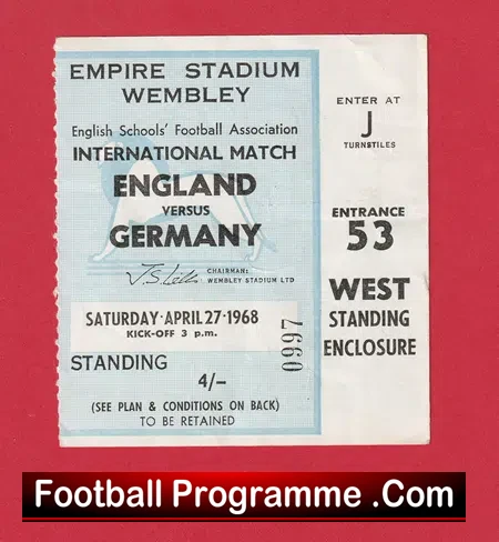 England v Germany 1968 – Football Ticket Schoolboys Wembley
