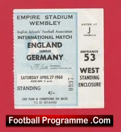 England v Germany 1968 – Football Ticket Schoolboys Wembley
