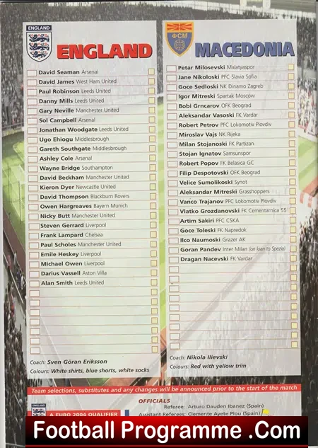England v Macedonia 2002 Multi Autographed SIGNED