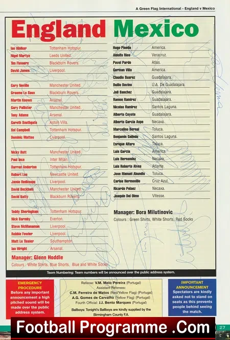 England v Mexico 1997 - Multi Autographed SIGNED