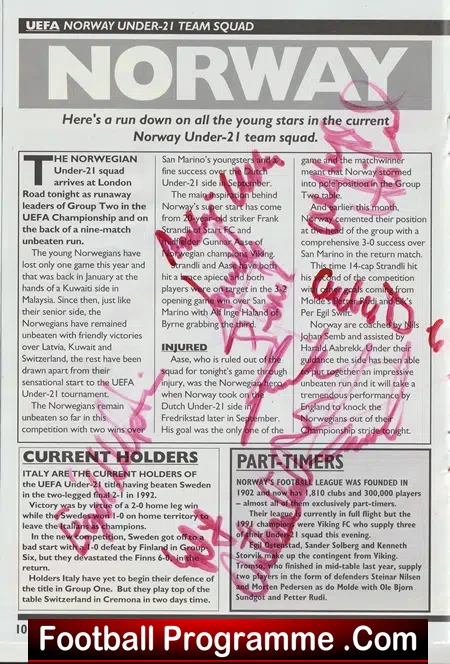 England v Norway 1992 - Multi Autographed SIGNED