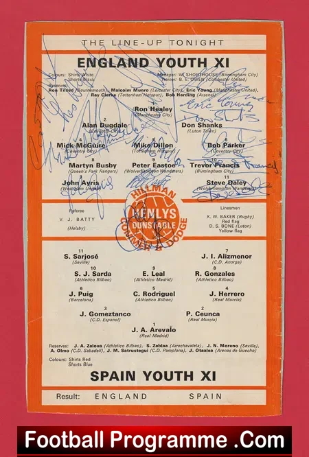 England v Spain 1978 – Youth Team Multi Autographed SIGNED