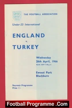 England v Turkey 1966 - At Blackburn Rovers - football programme