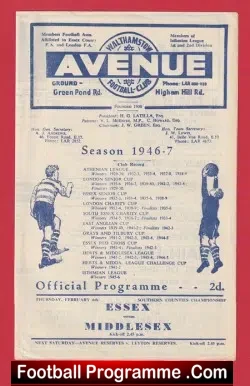 Essex v Middlesex 1947 - at Walthamstow Avenue FC - football programme