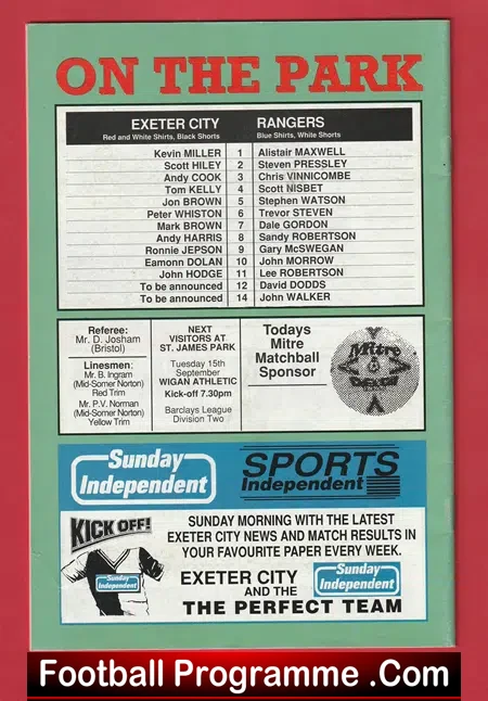 Exeter City v Glasgow Rangers 1992 - Pre Season Friendly