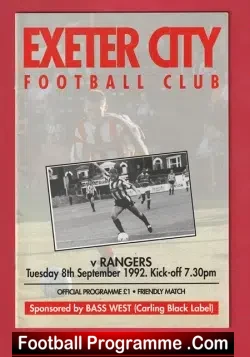 Exeter City v Glasgow Rangers 1992 - Pre Season Friendly - football programme