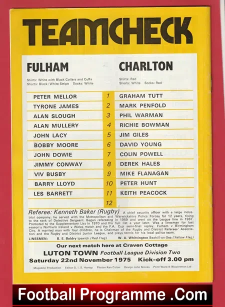 Fulham v Charlton Athletic 1975 - Bobby Moore