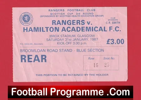 Glasgow Rangers v Hamilton Accademical 1987 – Ticket Scotland