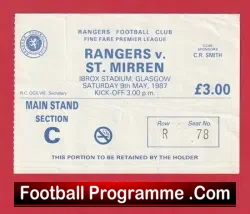 Glasgow Rangers v St Mirren 1987 – Ticket at Ibrox