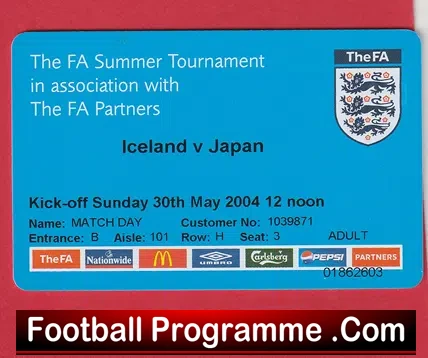 Iceland v Japan 2004 – Football Match Ticket Plastic Card