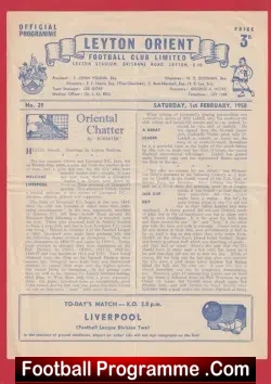 Leyton Orient v Liverpool 1958 - football programme
