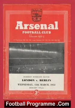 London v Berlin 1953 - Floodlight Inter City Game at Arsenal - football programme