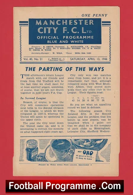 Manchester City v Manchester United 1946 – Man City Relegated