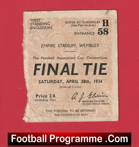 Manchester City v Portsmouth 1934 – FA Cup Final Ticket Genuine