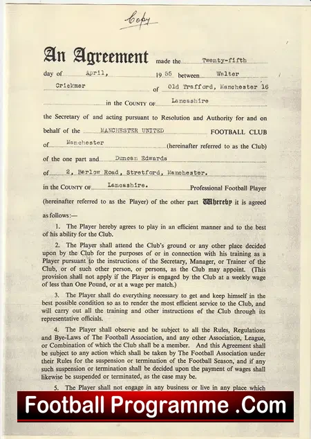 Manchester United Duncan Edwards Busby Babe Football Contract 1955