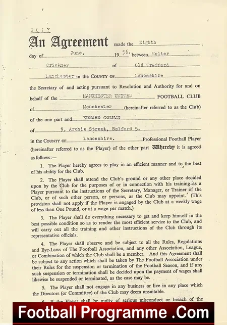 Manchester United Eddie Colman Busby Babe Football Contract 1956