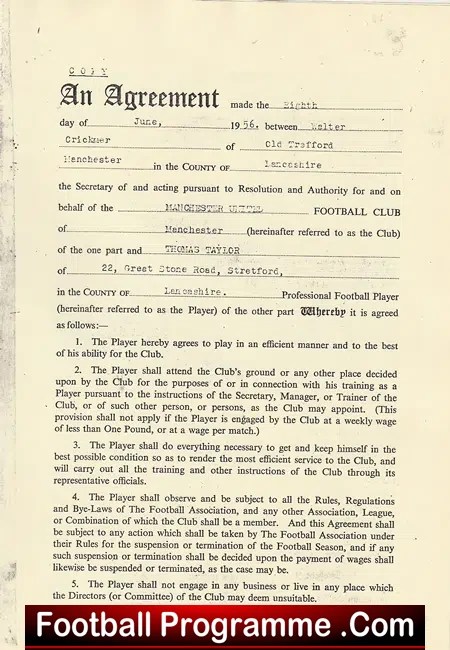 Manchester United Tommy Taylor Busby Babe Football Contract 1956