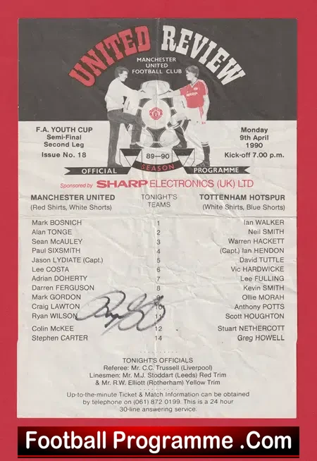 Manchester United v Tottenham 1990 – Youth Cup Semi Final Signed Ryan Giggs