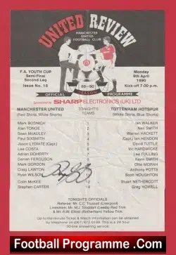 Manchester United v Tottenham 1990 – Youth Cup Semi Final Signed Ryan Giggs