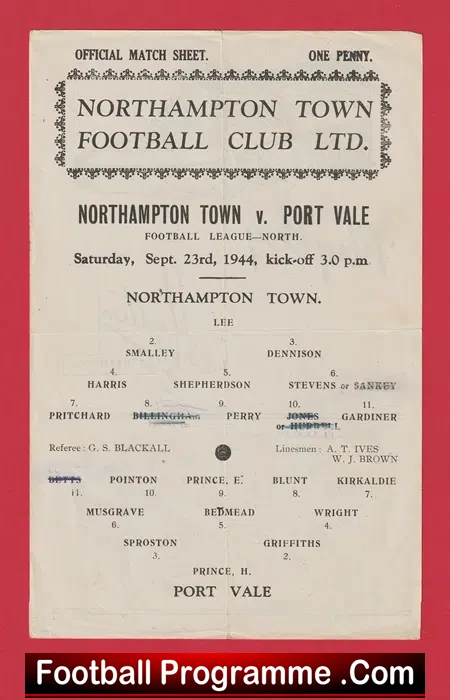 Northampton Town v Port Vale 1944 – War Time Football Programme